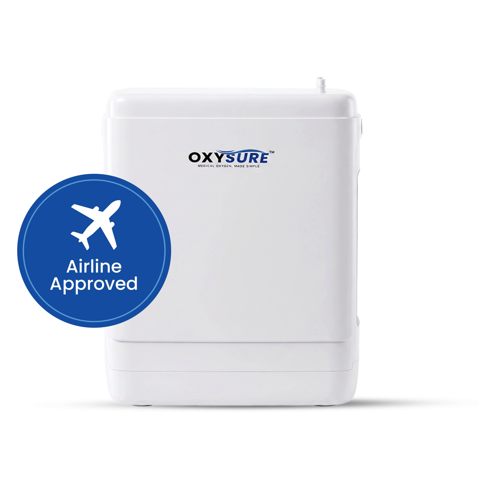 Oxysure Go portable oxygen concentrator with airline approved badge